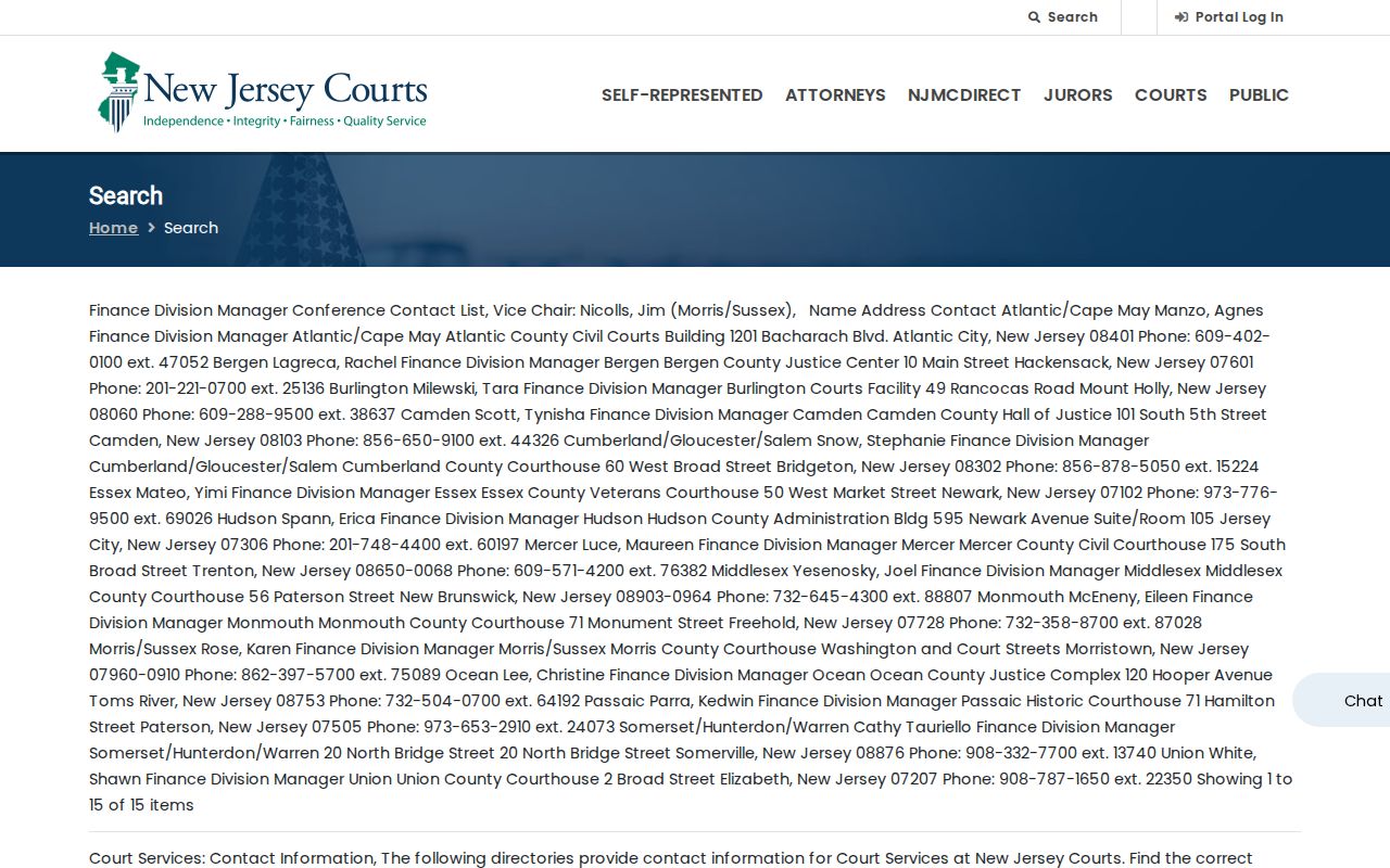 Piscataway resident lookup view of New Jersey court case search categories