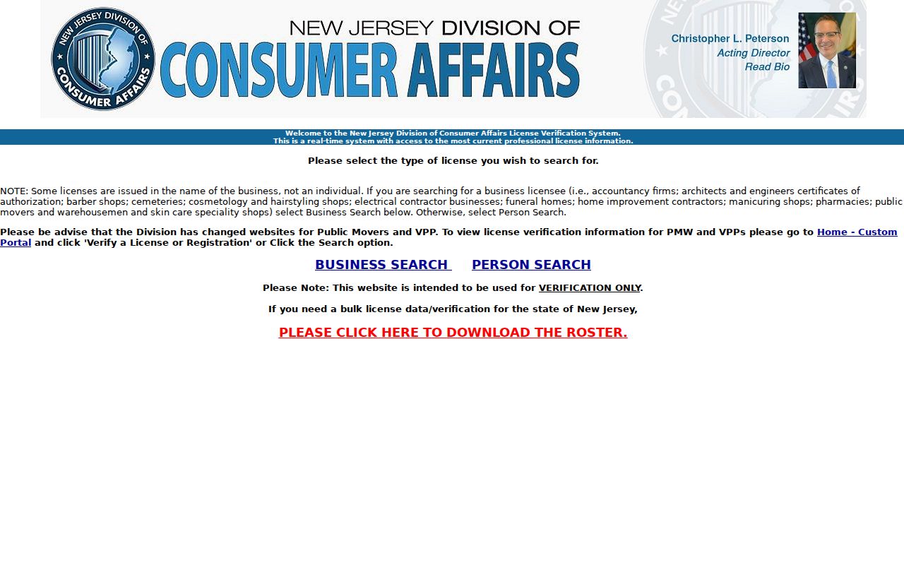Piscataway resident lookup view of New Jersey license verification search choices