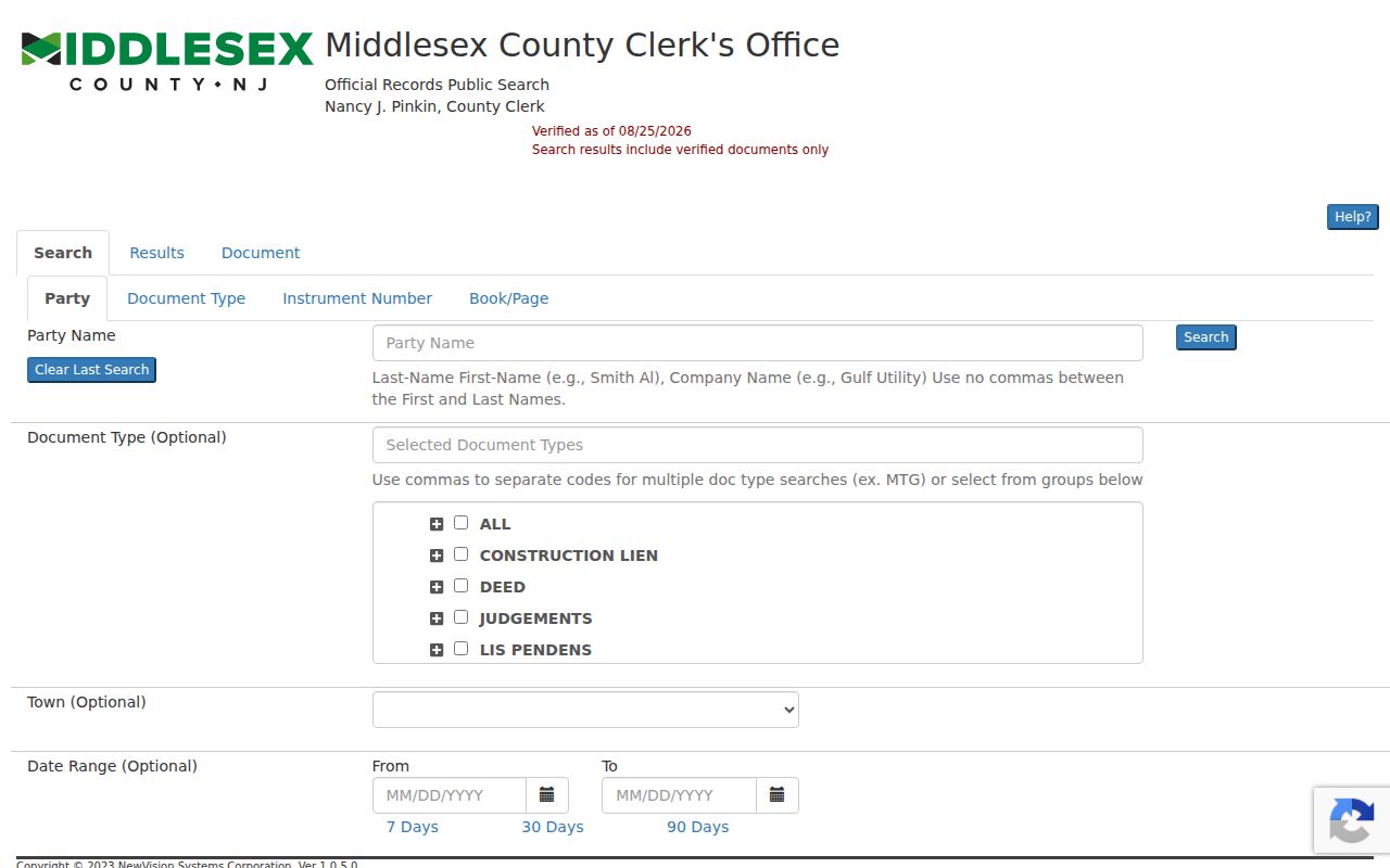 Piscataway street directory Middlesex County deed index search screen